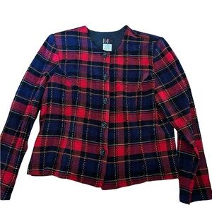 R & K Size 14 Vintage Navy, Red, Black Plaid Button front Blazer